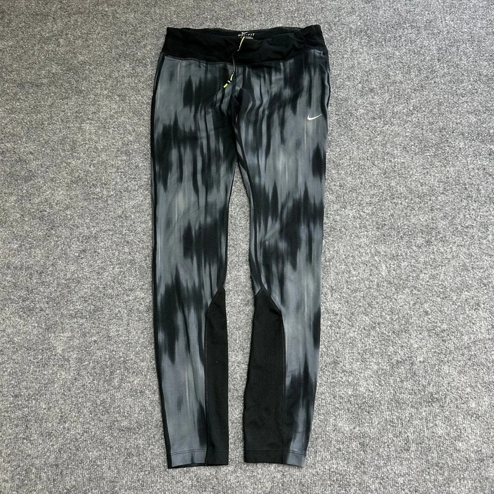 Nike Leggings Womens Size M Black Grey Dri-Fit Abstract Tie Dye Athletic Running